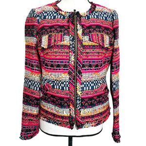 Trina Turk Red Multi Baja Tweed Printed layke Jacquard Zip Blazer size 4